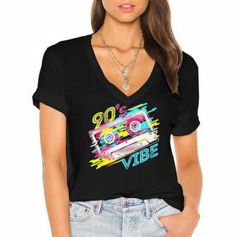 Cassette Tape Party Retro 90S Music Costume 90S Vibe Women's Jersey Short Sleeve Deep V-Neck Tshirt | Mazezy