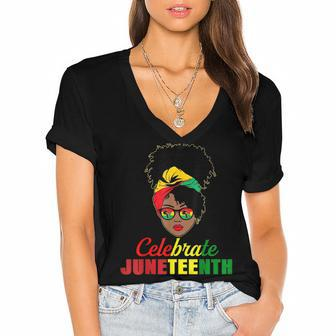 Celebrate Juneteenth Messy Bun Black Women Melanin Pride Women's Jersey Short Sleeve Deep V-Neck Tshirt | Mazezy