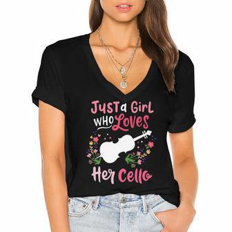Cello Just A Girl Who Loves Her Cello Gift For Cellist Women's Jersey Short Sleeve Deep V-Neck Tshirt | Mazezy