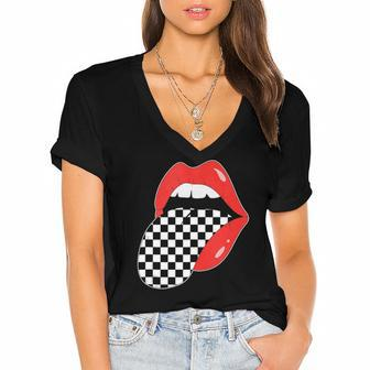 Checkerboard Red Lips Checkered Tongue Out Women's Jersey Short Sleeve Deep V-Neck Tshirt | Mazezy