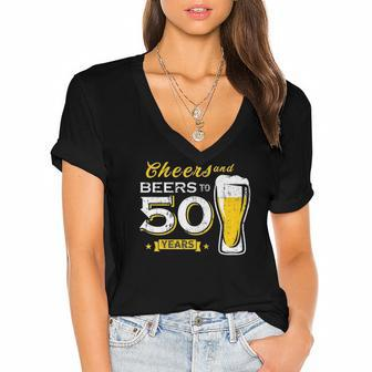 Cheers And Beers To 50 Years 50Th Funny Birthday Party Gift Women's Jersey Short Sleeve Deep V-Neck Tshirt | Mazezy