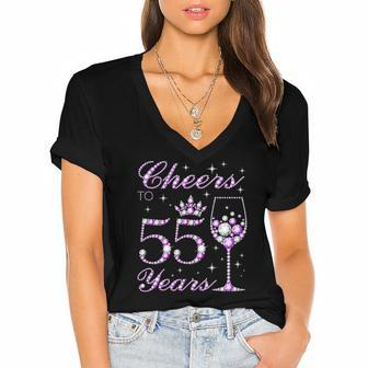 Cheers To 55 Years Old Women Purple Cute 55Th Birthday Women's Jersey Short Sleeve Deep V-Neck Tshirt | Mazezy