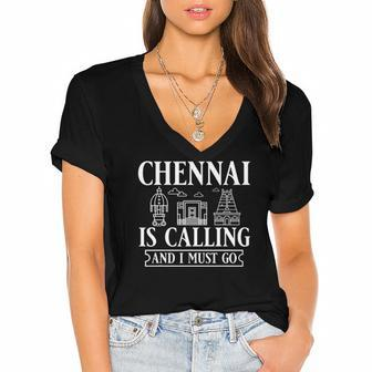 Chennai India City Skyline Map Travel Women's Jersey Short Sleeve Deep V-Neck Tshirt | Mazezy