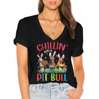 Chillin With My Pit Bull Easter Eggs Happy Easter T-Shirt Women's Jersey Short Sleeve Deep V-Neck Tshirt - Seseable