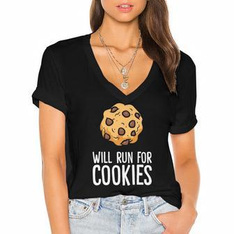 Chocolate Chip Cookie Lover Will Run For Cookies Women's Jersey Short Sleeve Deep V-Neck Tshirt | Mazezy