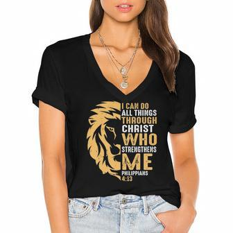 Christian I Can Do All Things Through Christ Lion Faith Women's Jersey Short Sleeve Deep V-Neck Tshirt | Mazezy