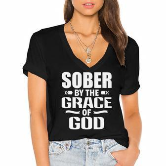 Christian Jesus Religious Saying Sober By The Grace Of God Women's Jersey Short Sleeve Deep V-Neck Tshirt | Mazezy