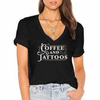 Coffee And Tattoos Inked Caffeine Addicts Ink Women's Jersey Short Sleeve Deep V-Neck Tshirt | Mazezy