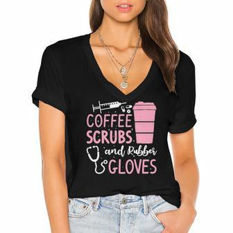 Coffee Scrubs And Rubber Gloves Medical Nurse Doctor Women's Jersey Short Sleeve Deep V-Neck Tshirt | Mazezy