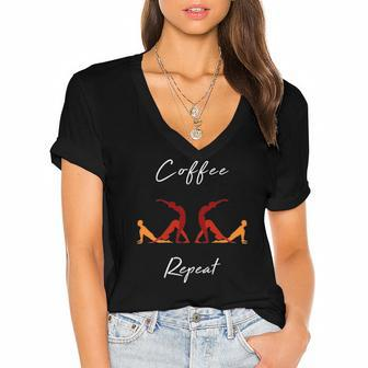 Coffee Yoga Repeat Workout Fitness Women's Jersey Short Sleeve Deep V-Neck Tshirt | Mazezy