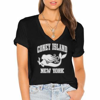 Coney Island Mermaid New York Nyc Beaches Brooklyn Gift Women's Jersey Short Sleeve Deep V-Neck Tshirt | Mazezy