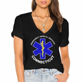 Connecticut Ems Emergency Medical Services Emt Tech Women's Jersey Short Sleeve Deep V-Neck Tshirt | Mazezy
