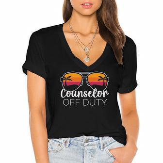Counselor Off Duty Sunglasses Beach Sunset Women's Jersey Short Sleeve Deep V-Neck Tshirt | Mazezy