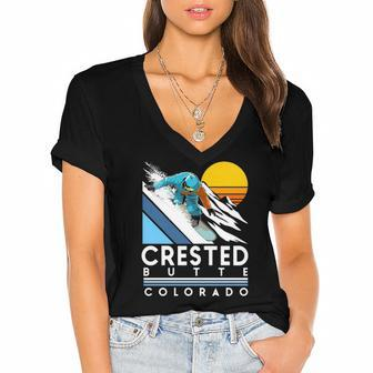Crested Butte Colorado Retro Snowboard  Women's Jersey Short Sleeve Deep V-Neck Tshirt