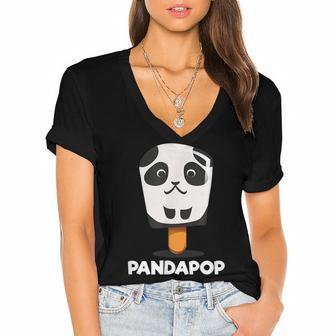 Cute Cartoon Panda Baby Bear Popsicle Panda Birthday Gift Women's Jersey Short Sleeve Deep V-Neck Tshirt - Seseable