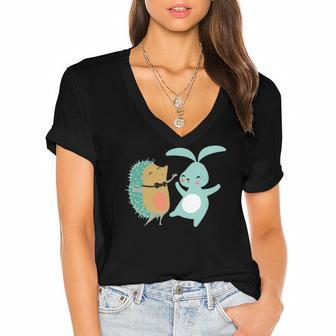 Cute Dancing Hedgehog & Rabbit Cartoon Art Women's Jersey Short Sleeve Deep V-Neck Tshirt | Mazezy
