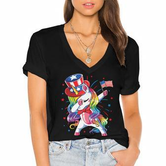Dabbing Unicorn 4Th Of July Independence Day Women's Jersey Short Sleeve Deep V-Neck Tshirt - Monsterry DE