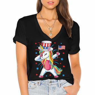 Dabbing Unicorn 4Th Of July Uncle Sam Girls American Flag Women's Jersey Short Sleeve Deep V-Neck Tshirt - Seseable