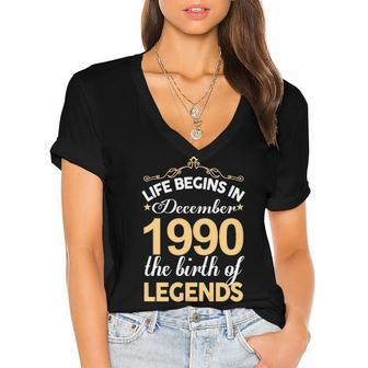 December 1990 Birthday Life Begins In December 1990 V2 Women's Jersey Short Sleeve Deep V-Neck Tshirt - Seseable