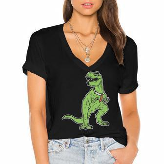Dinosaur Tyrannosaurus Nerd Geekrex Tie Women's Jersey Short Sleeve Deep V-Neck Tshirt | Mazezy