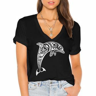 Dolphin Tribal Vintage Retro Throwback Vacation Women's Jersey Short Sleeve Deep V-Neck Tshirt | Mazezy