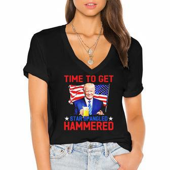 Donald Drunk Trump 4Th Of July Drinking Presidents Usa Flag Women's Jersey Short Sleeve Deep V-Neck Tshirt | Mazezy