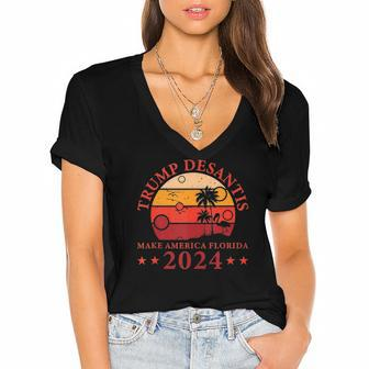 Donald Trump Tee Trump Desantis 2024 Make America Florida Women's Jersey Short Sleeve Deep V-Neck Tshirt | Mazezy DE