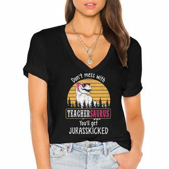 Dont Mess With Teachersaurus Get Jurasskicked Women's Jersey Short Sleeve Deep V-Neck Tshirt | Mazezy
