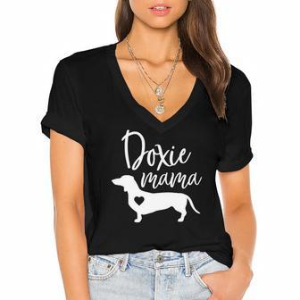 Doxie Mama Dachshund Mom Funny Wiener Dog Gift Women's Jersey Short Sleeve Deep V-Neck Tshirt | Mazezy