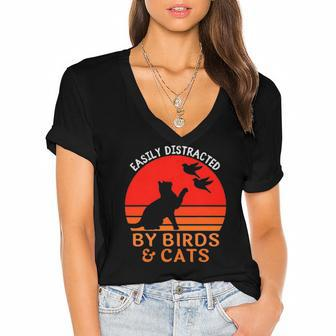 Easily Distracted By Birds And Cats Funny Bird And Cat Lover Women's Jersey Short Sleeve Deep V-Neck Tshirt | Mazezy