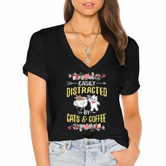 Easily Distracted By Cats And Coffee Cat Coffee Lover Women's Jersey Short Sleeve Deep V-Neck Tshirt | Mazezy