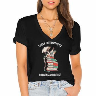 Easily Distracted By Dragons And Books Lover Funny Women's Jersey Short Sleeve Deep V-Neck Tshirt | Mazezy