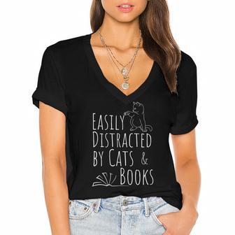 Easily Distracted Cats And Books Cat And Book Tee Women's Jersey Short Sleeve Deep V-Neck Tshirt | Mazezy