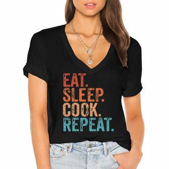 Eat Sleep Cook Repeat Cooking Chef Culinary Lunch Lady Funny Women's Jersey Short Sleeve Deep V-Neck Tshirt | Mazezy