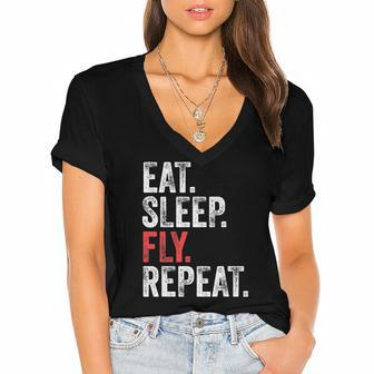 Eat Sleep Fly Repeat Aviation Pilot Funny Vintage Distressed Women's Jersey Short Sleeve Deep V-Neck Tshirt | Mazezy
