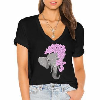 Elephant Hiding Behind Flowers Cute Animal Girls Gift Women's Jersey Short Sleeve Deep V-Neck Tshirt | Mazezy