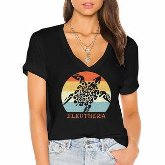 Eleuthera Bahamas Vintage Retro Tribal Sea Turtle Vacation Women's Jersey Short Sleeve Deep V-Neck Tshirt | Mazezy