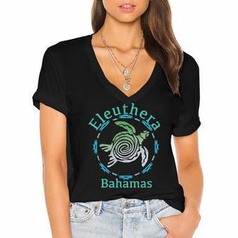Eleuthera Vintage Tribal Turtle Gift Women's Jersey Short Sleeve Deep V-Neck Tshirt | Mazezy