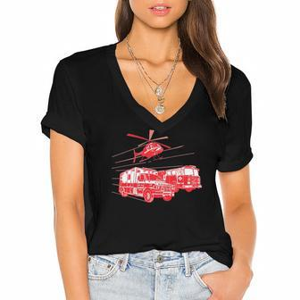Ems Fire Rescue Truck Helicopter Cute Unique Gift Women's Jersey Short Sleeve Deep V-Neck Tshirt | Mazezy