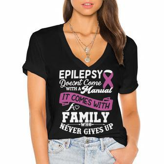 Epilepsy Doesnt Come With A Manual It Comes With A Family Who Never Gives Up Purple Ribbon Epilepsy Epilepsy Awareness Women's Jersey Short Sleeve Deep V-Neck Tshirt - Monsterry AU