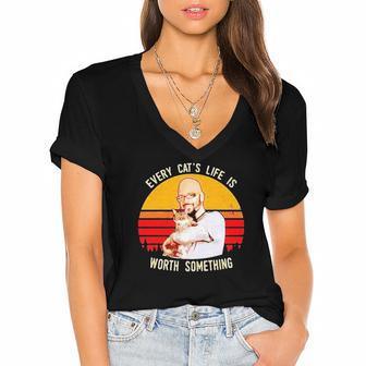 Every Cats Life Is Worth Something Vintage Women's Jersey Short Sleeve Deep V-Neck Tshirt | Mazezy