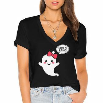 Excuse Me But Boo Funny Cute Ghost Halloween Boo Women's Jersey Short Sleeve Deep V-Neck Tshirt | Mazezy