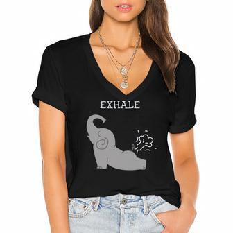 Exhale Elephant Fart Yoga Funny Women's Jersey Short Sleeve Deep V-Neck Tshirt | Mazezy