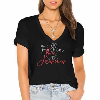 Fall In Love With Jesus Religious Prayer Believer Bible Gift Women's Jersey Short Sleeve Deep V-Neck Tshirt | Mazezy
