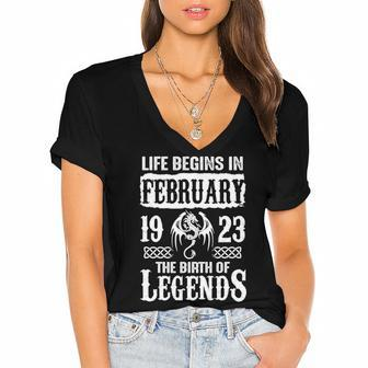 February 1923 Birthday Life Begins In February 1923 Women's Jersey Short Sleeve Deep V-Neck Tshirt - Seseable