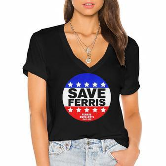 Ferris Buellers Day Off Save Ferris Badge Women's Jersey Short Sleeve Deep V-Neck Tshirt | Mazezy