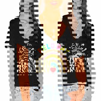 Field Day Fun Day Last Day Of School Teacher Rainbow Women's Jersey Short Sleeve Deep V-Neck Tshirt | Mazezy