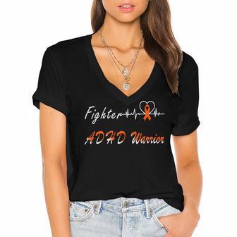 Fighter Adhd Warrior Heartbeat Orange Ribbon Attention Deficit Hyperactivity Disorder Adhd Awareness Women's Jersey Short Sleeve Deep V-Neck Tshirt | Favorety