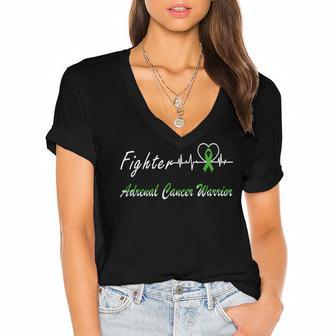 Fighter Adrenal Cancer Warrior Heartbeat Green Ribbon Adrenal Cancer Adrenal Cancer Awareness Women's Jersey Short Sleeve Deep V-Neck Tshirt | Favorety CA