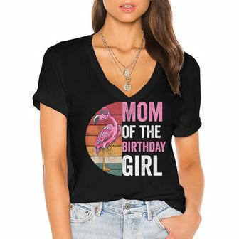 Flamingo Mom Of The Birthday Girl Matching Birthday Outfit Women's Jersey Short Sleeve Deep V-Neck Tshirt - Seseable